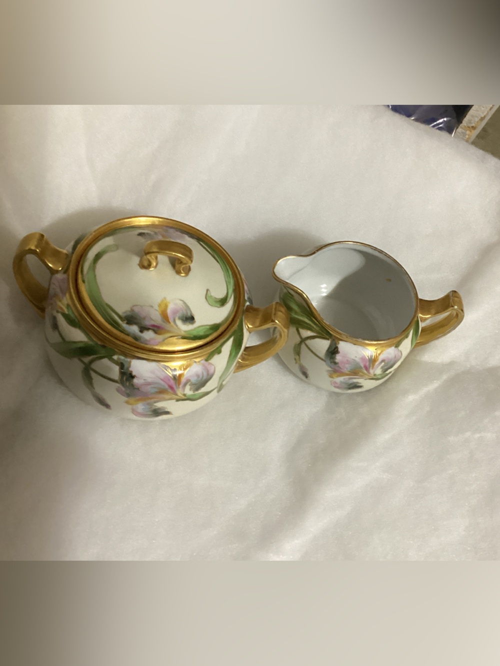Noritake White Porcelain Creamer and Sugar Bowl with Pink Floral and Gold Trim